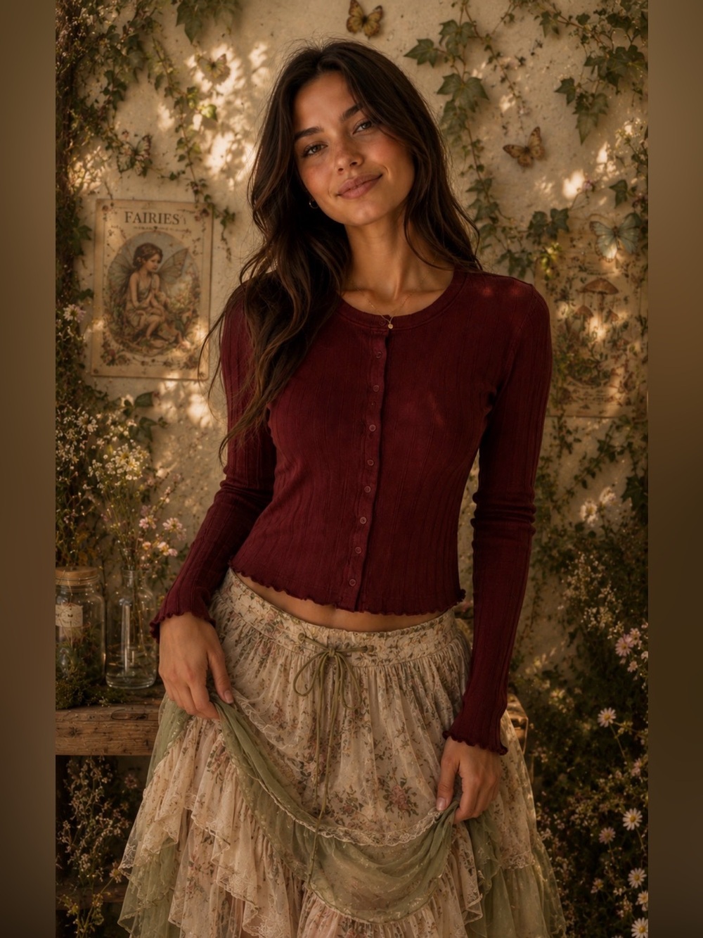 NWT Aerie Ribbed Snap Button Cardigan Maroon Red Lettuce Hem Fairycore XL